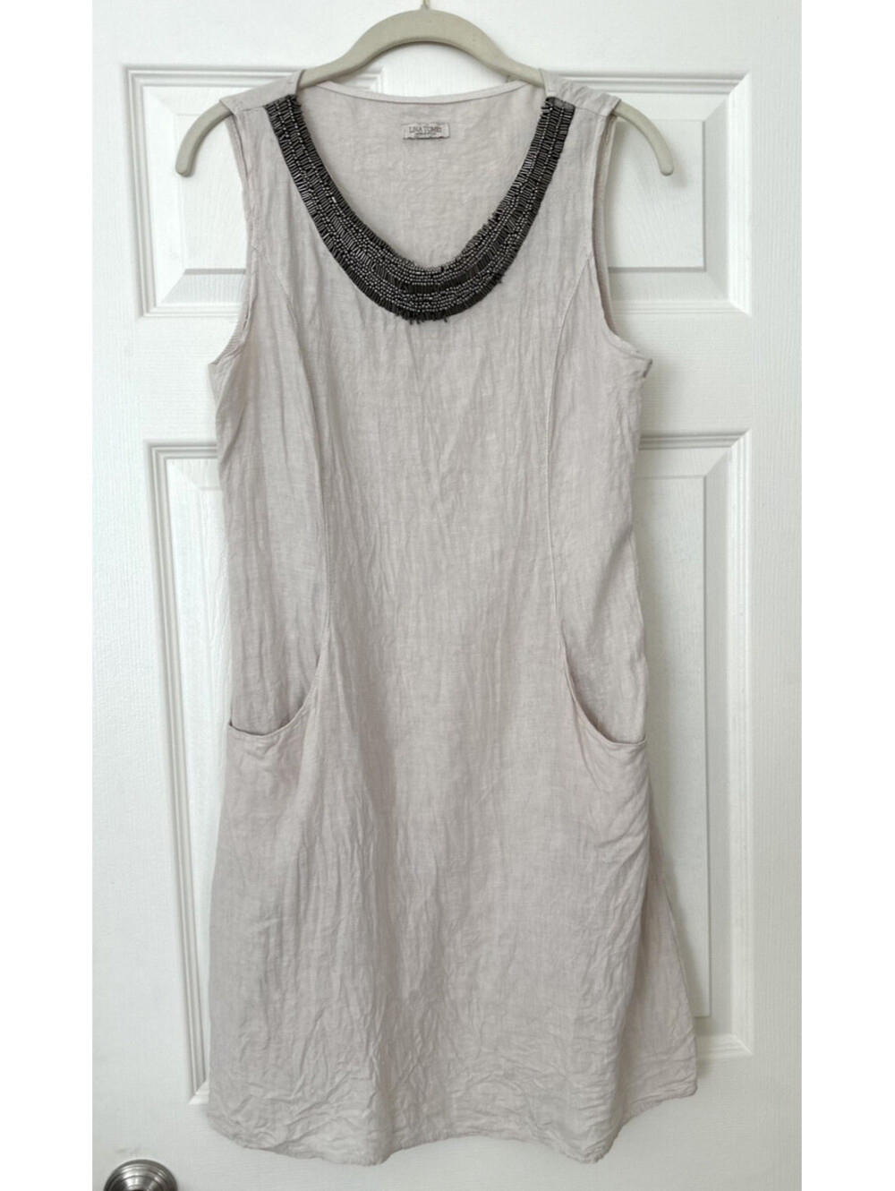 Lina Tomei Made in Italy Linen Dress Womens S Taupe Beaded Neck Shift Pockets